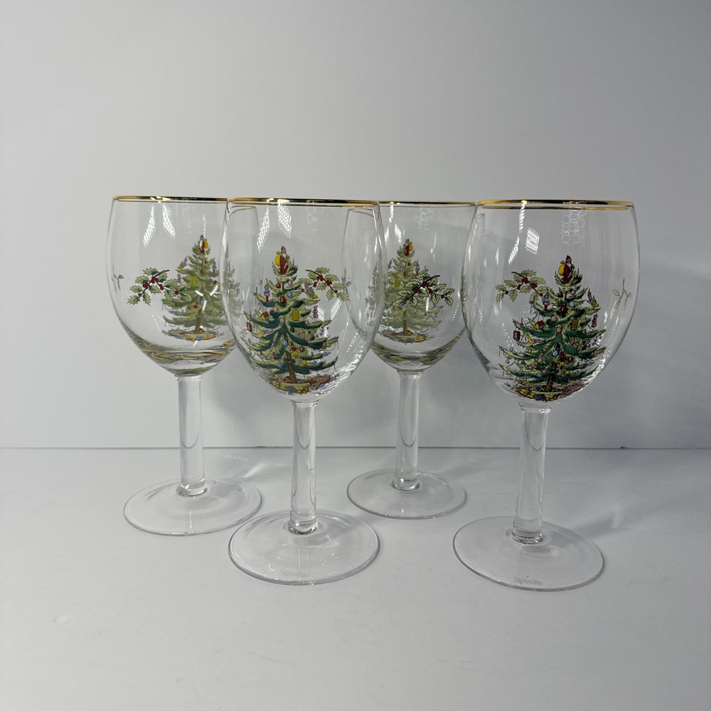 Spode Christmas Tree Wine Glasses Set of 4 Gold Rim Holiday Stemware 7.25 inch